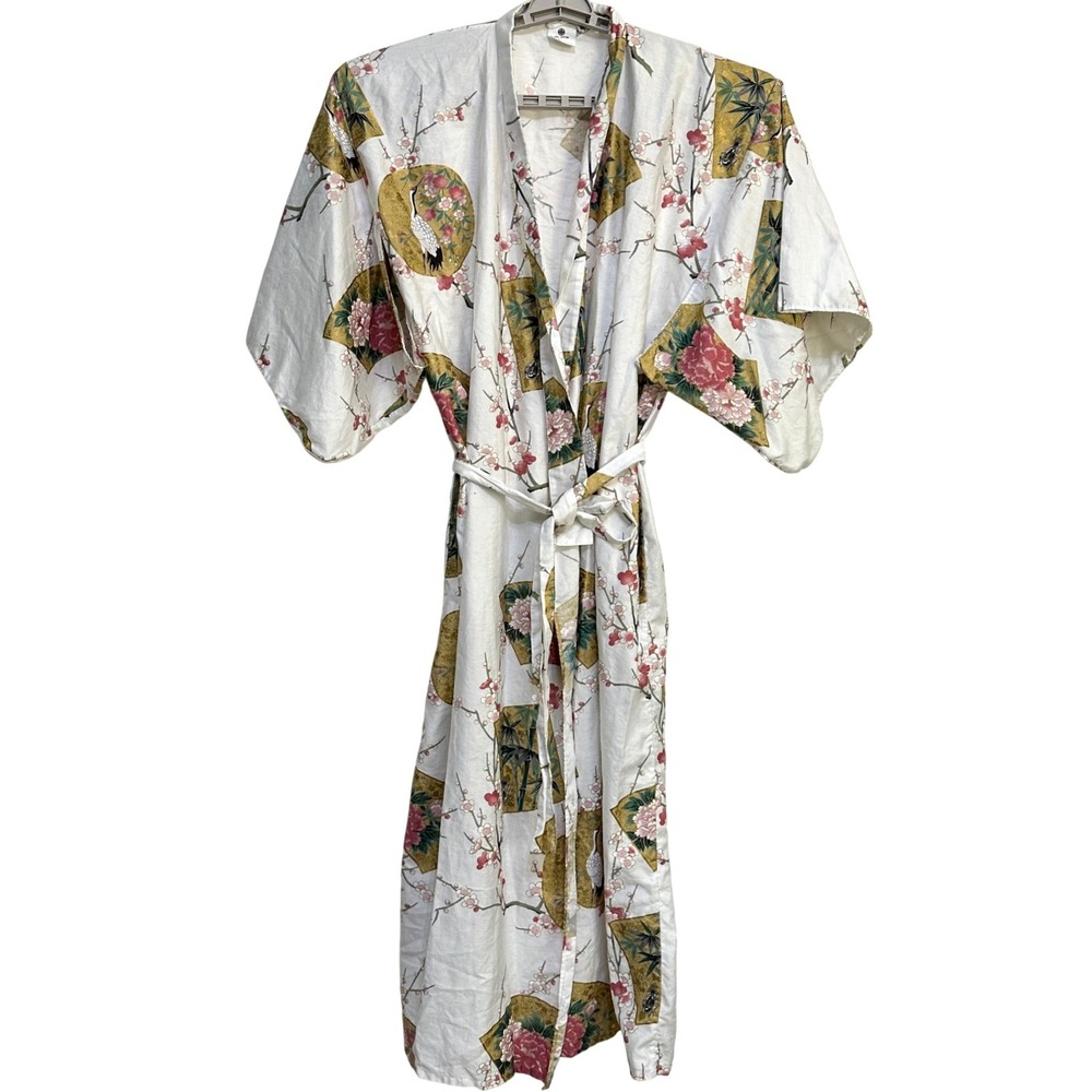 Authentic Japanese Yukata Kimono Robe Cotton OS Crane Floral Made in Japan VTG - Picture 10 of 11